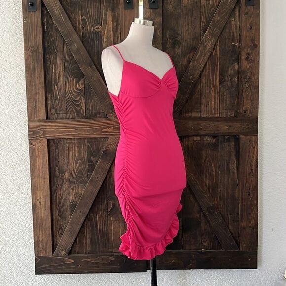 NWT Spaghetti Straps Bodycon Ruffle Hem Ruched Party , Cocktail Mini Dress - Picture 3 of 11